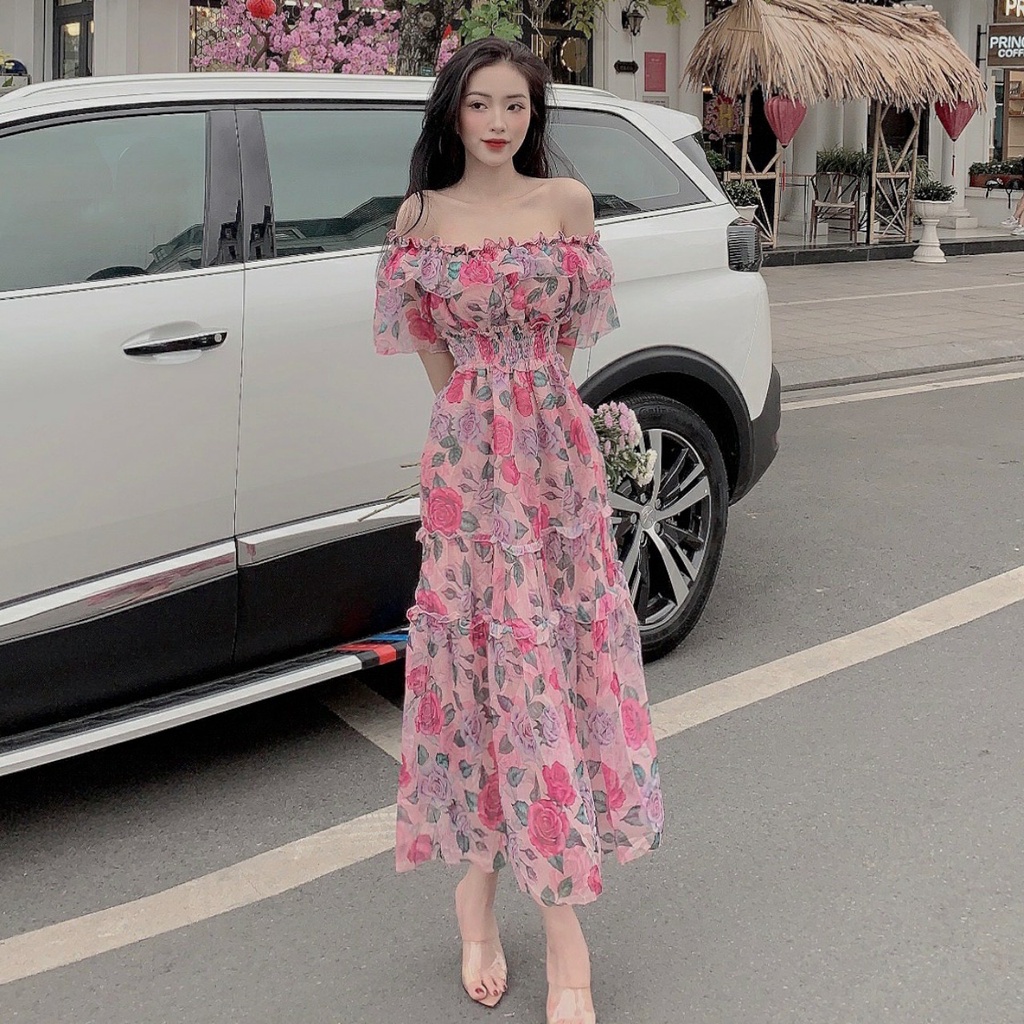 Đầm maxi trễ vai hoa đi biển hở lưng bánh bèo AnyShang, Đầm dài thiết kế công chúa dự tiệc sang chảnh ANSM101