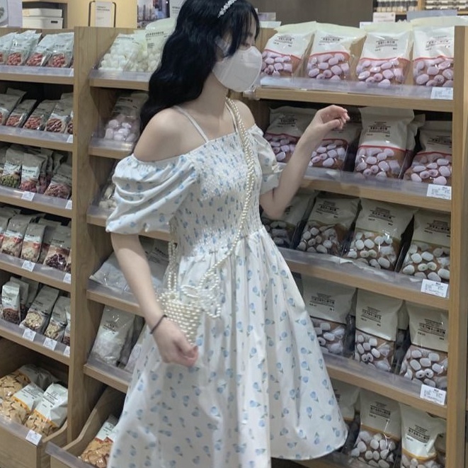 Đầm hoa MURIOKI tay phồng hở vai thanh lịch phong cách Hàn Quốc thời trang mùa hè mới 2022 cho nữ