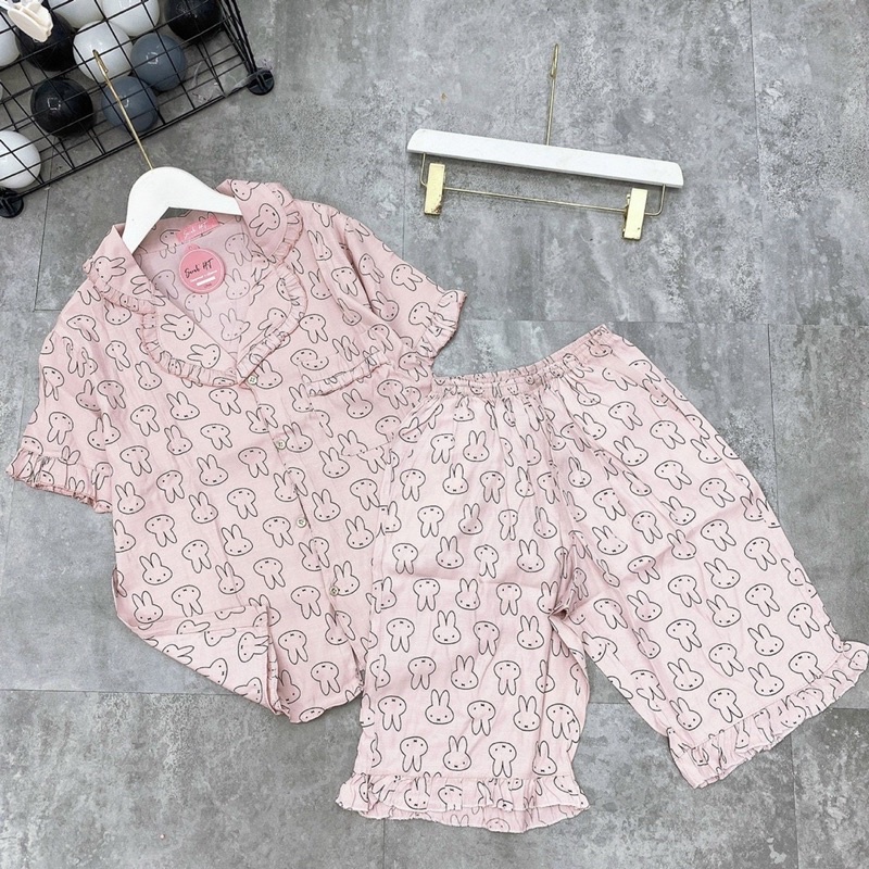 Đồ ngủ pijama bộ mặc nhà nữ cộc tay chất đũi mát đáng yêu