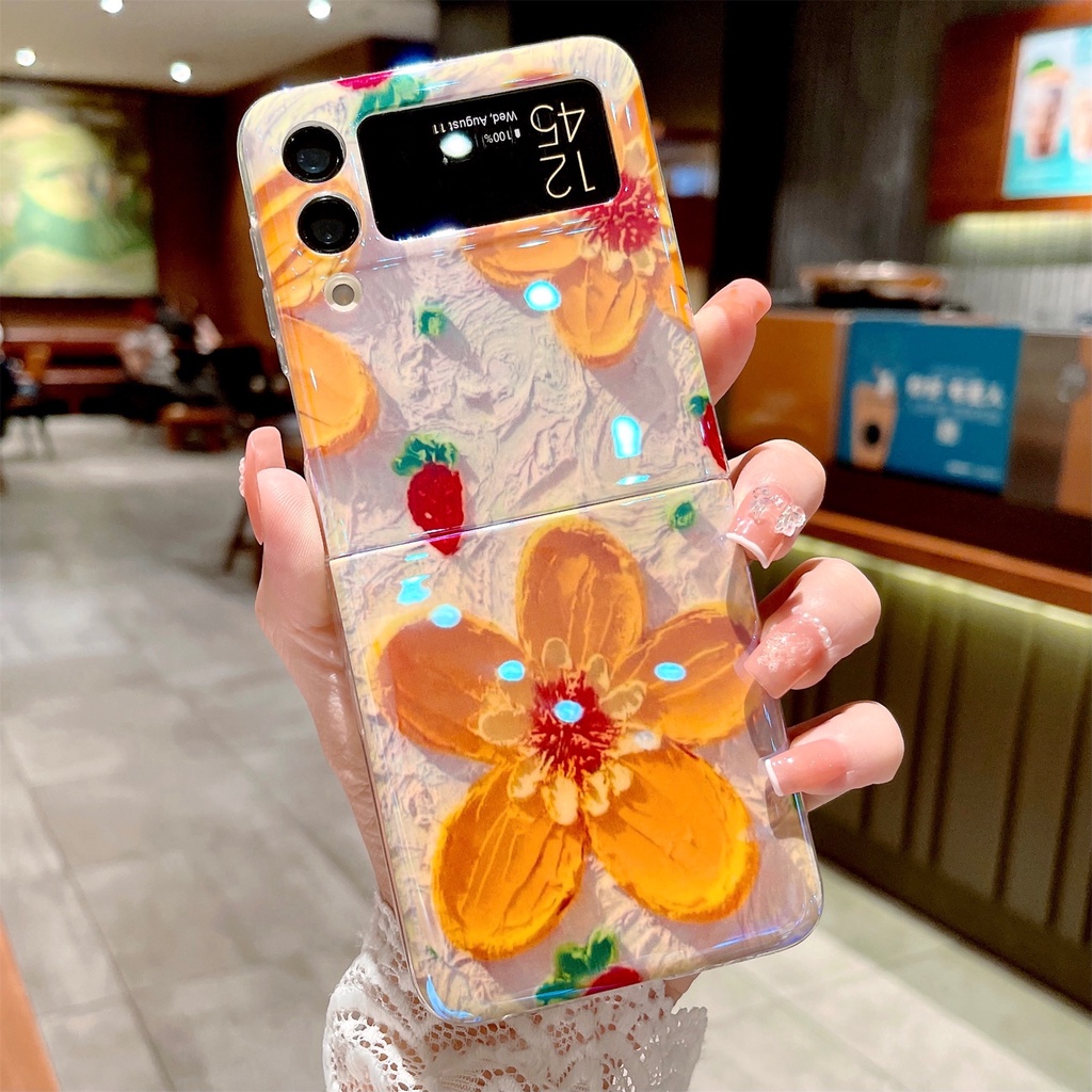 Bao Da Điện Thoại Chống Sốc Họa Tiết Hoa Dâu Tây Cho samsung galaxy z flip 3 4 z flip4 zflip3 Ốp