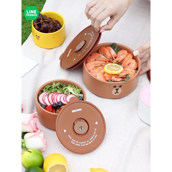 Bát, Tô Đựng Cơm Line Friends Kèm Nắp Đậy Dùng Được Cho Lò Vi Sóng Gấu Brown, Vịt Sally, Thỏ Cony