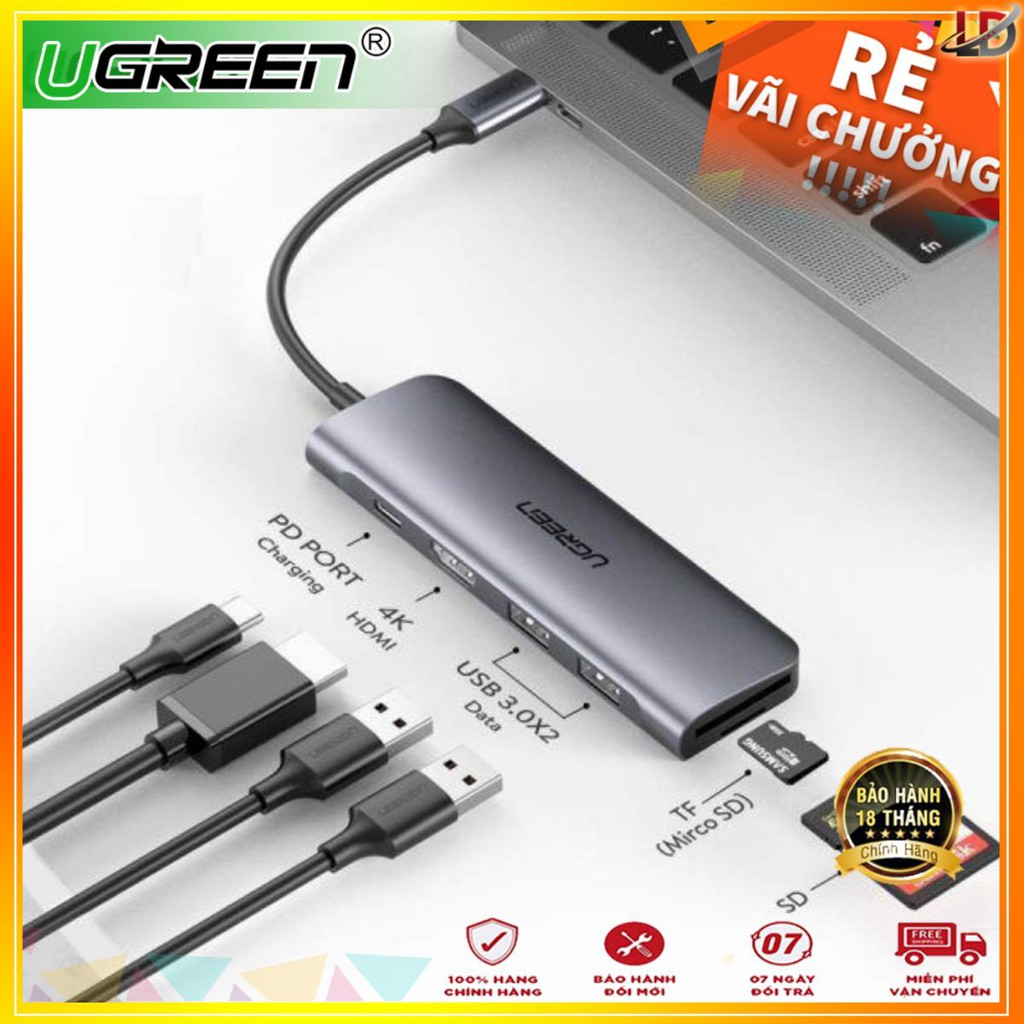 Ugreen 70411 - Hub USB-C đa năng 6 in 1 ra HDMI, USB 3.0, USB PD, khe đọc thẻ nhớ - Phukienleduy