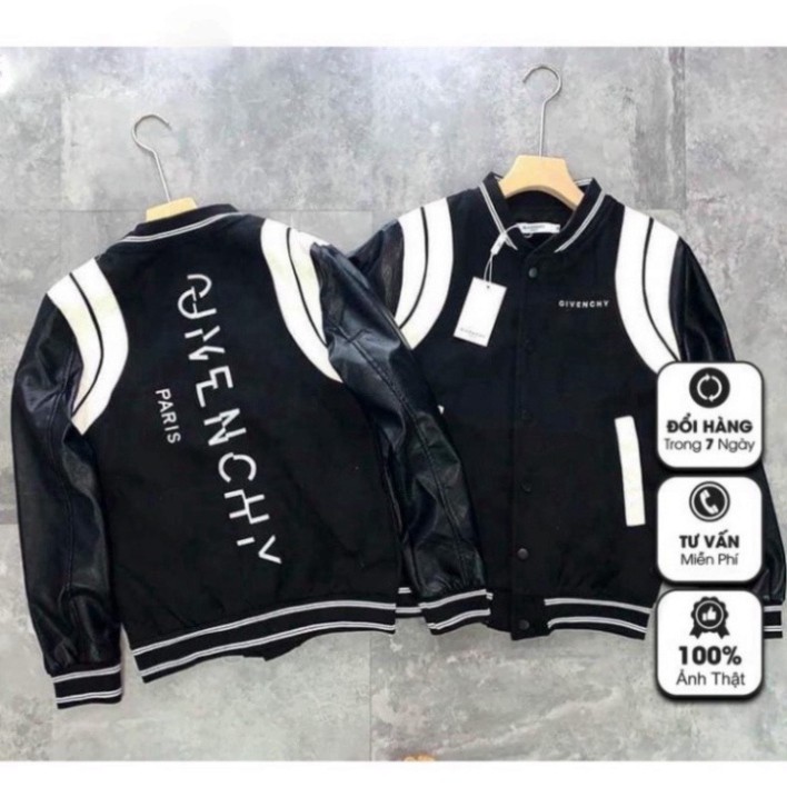 Áo Bomber Givenchy nam nữ, áo khoác Bomber GVC tay da viền trắng thêu chữ dọc lưng