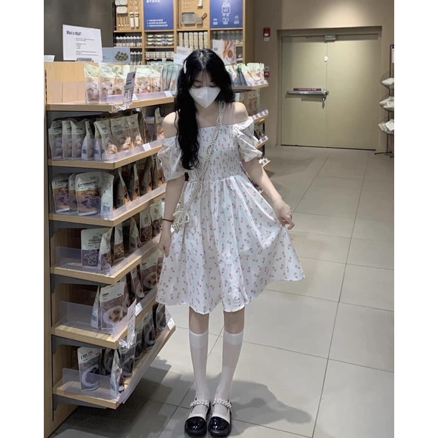 Váy 2 dây hoa nhí trễ vai tay bồng chun ngực dáng xòe ulzzang - Đầm midi hoa nhí 2 dây chun ngực tay bồng
