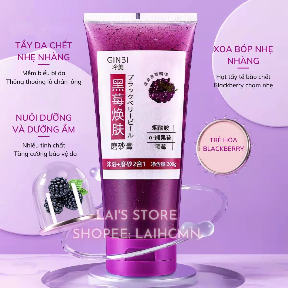 Tẩy Tế Bào Chết Mâm Xôi Đen GinBi (200ml) Làm Sạch Da, Dưỡng Ẩm, Trắng Da, Bổ Sung Khoáng Chất, Chăm Sóc Làn Da