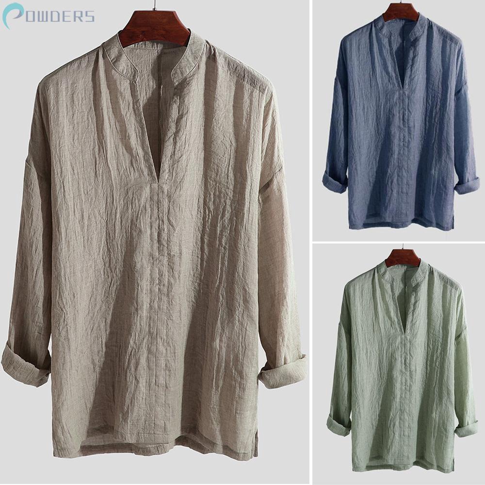 Áo sơ mi nam dáng rộng vải cotton cổ chữ V đơn giản hợp thời trang