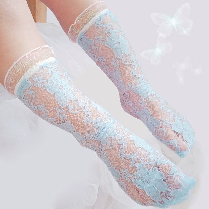 Vớ Lưới Cổ Cao Co Giãn Thoáng Khí Màu Trơn Phối Ren Dễ Thương Cho Bé Gái