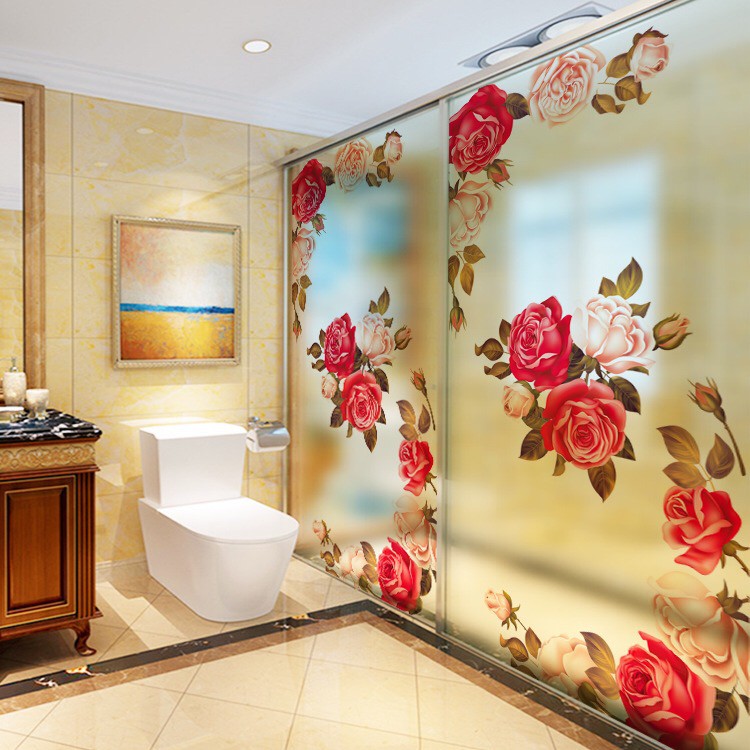 Decal dán kính cao cấp - Hoa Hồng Mẫu đơn đỏ hồng (60x116 )