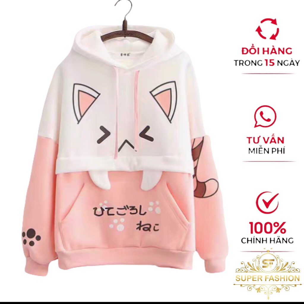 Áo Hoodie Nữ Phối Họa Tiết Mèo Cute [SUPER FASHION]