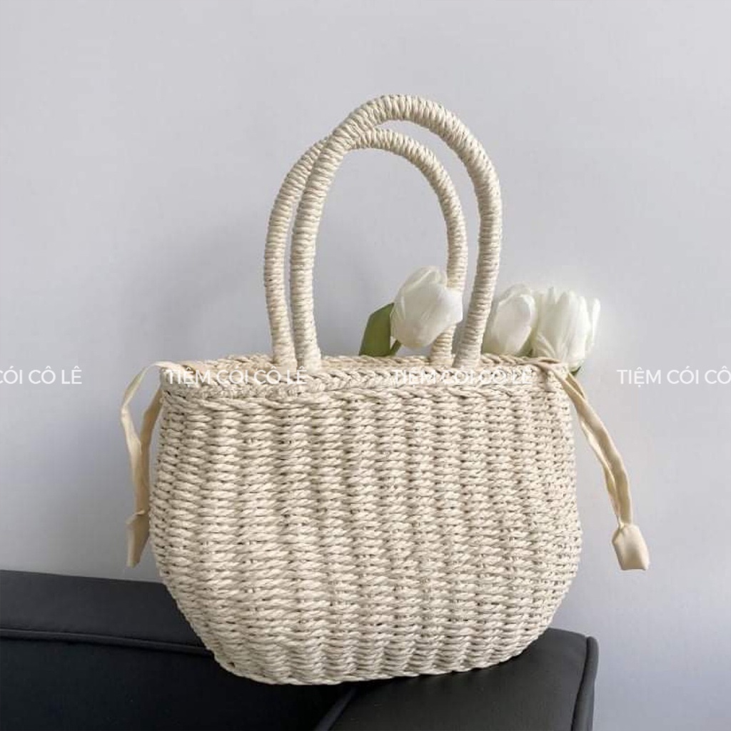 Túi cói bầu đính nơ ren đi biển phong cách vintage - Tiệm Cói Cô Lê
