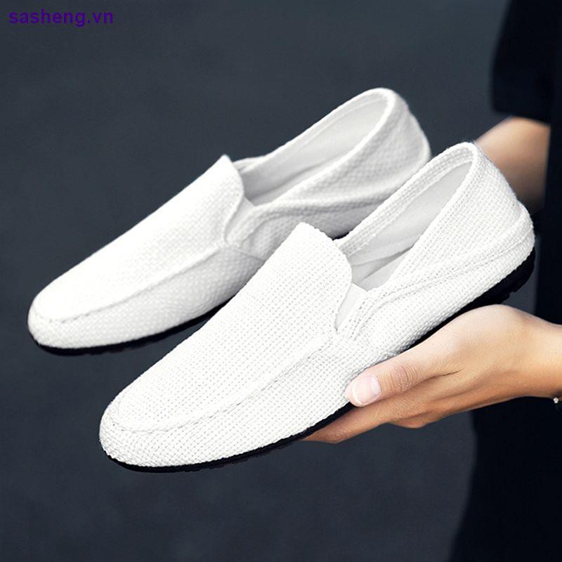 Giày lười vải lanh thoáng khí màu đen thời trang mùa hè cho nam trung niên