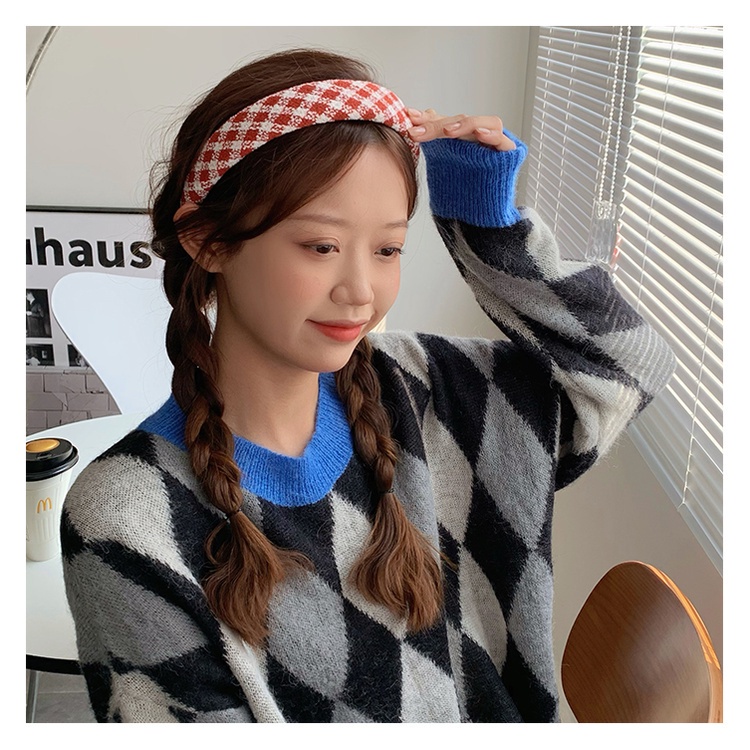 Băng đô cài tóc họa tiết kẻ ô đơn giản đa năng cho nữ