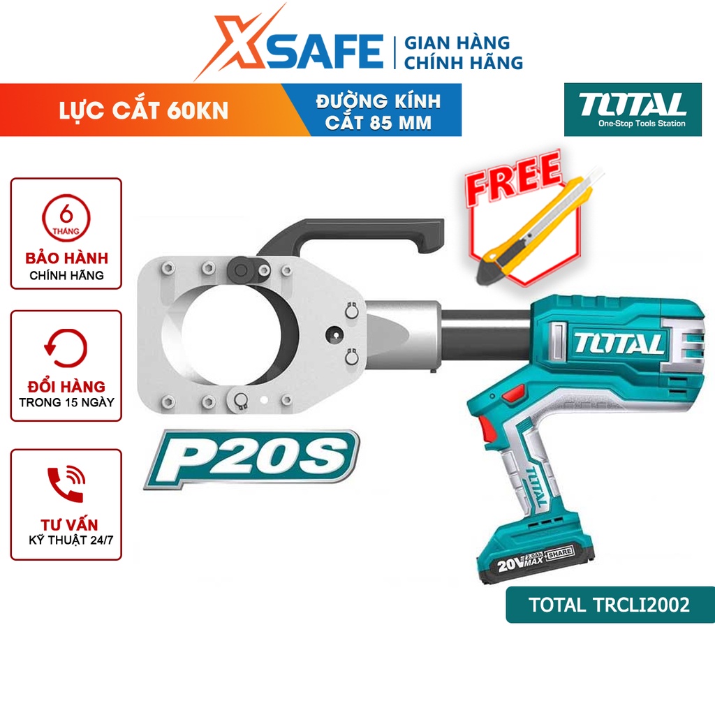 Máy cắt cáp thủy lực TOTAL TRCLI2002 dùng pin Lithium 20V, đường kính cắt tối đa 85mm, lực cắt 60KN, kèm 2 pin 20V/4.0Ah