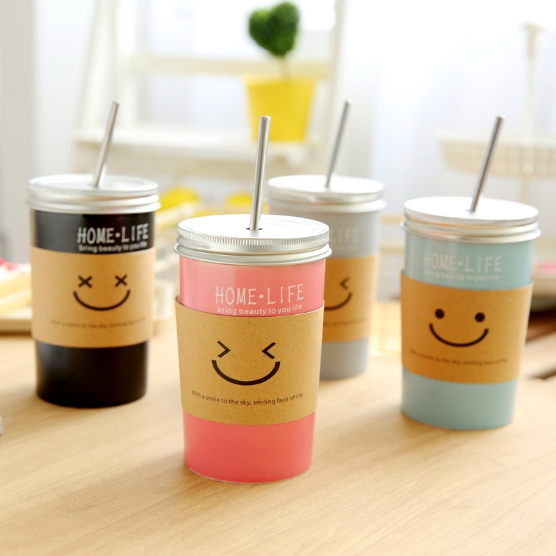 Ly sứ HOME LIFE cao cấp CÓ NẮP và ỐNG HÚT INOX dung tích 480ml họa tiết SIMPLE , cốc sứ quà tặng thông điệp sống ý nghĩa
