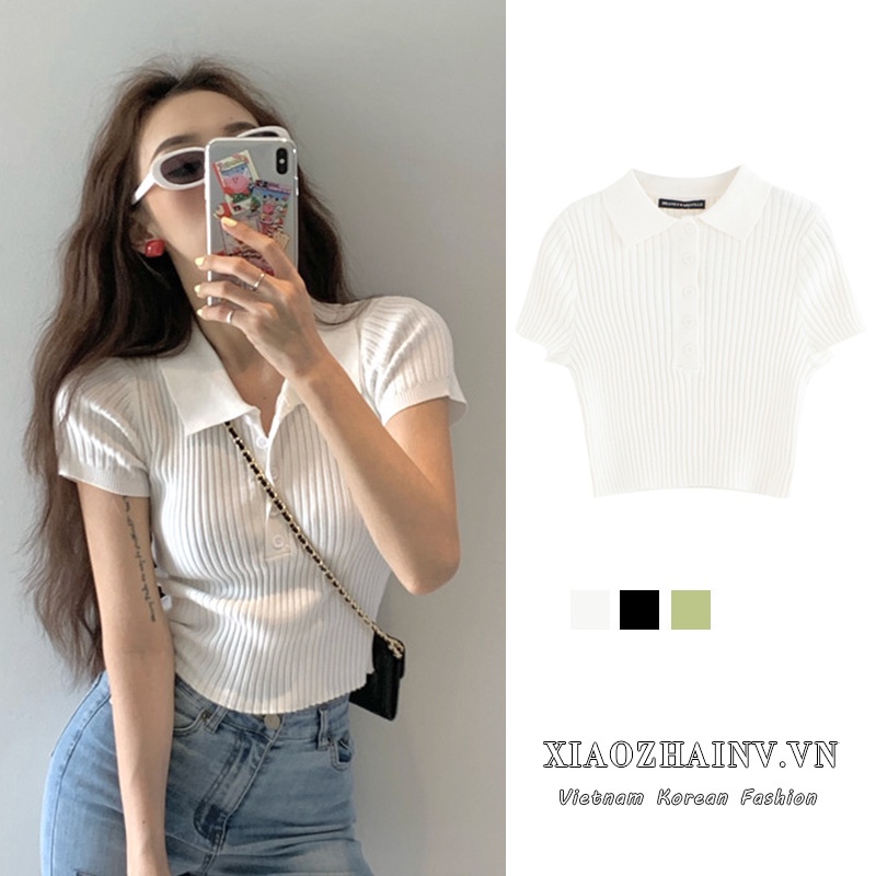 Áo croptop dệt kim tay ngắn cổ polo thời trang Hàn Quốc thanh lịch s4t4-2
