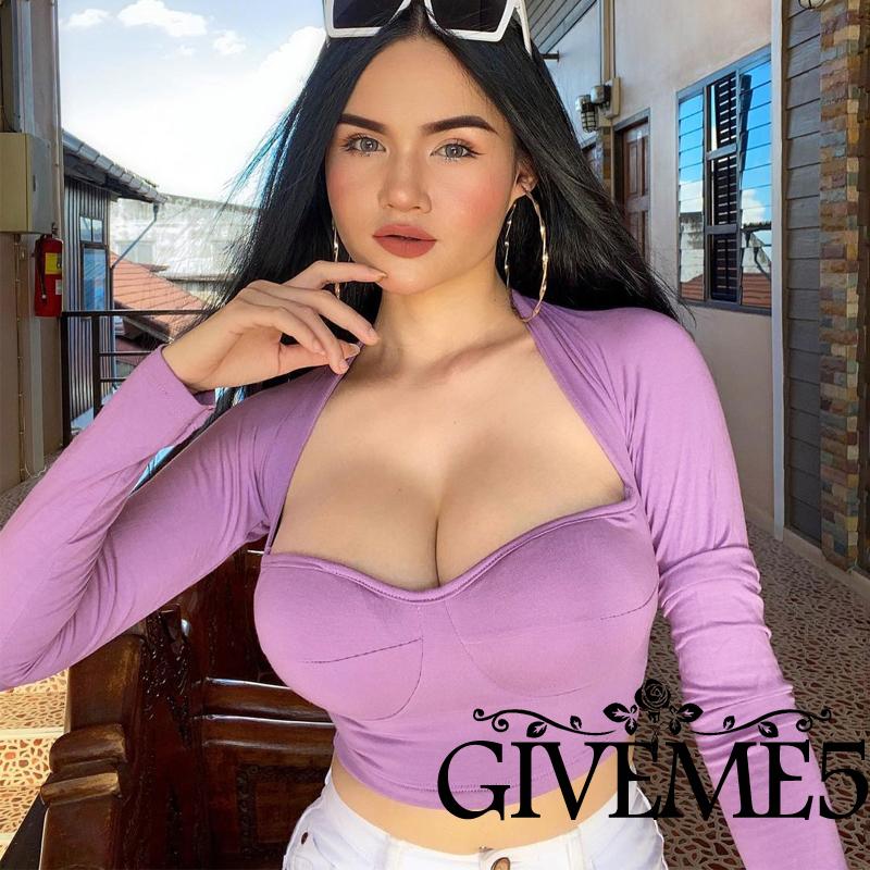 Áo Thun Crop Top GIVEME Tay Dài Cổ Chữ V Màu Trơn Thời Trang Hè Thu Cho Nữ