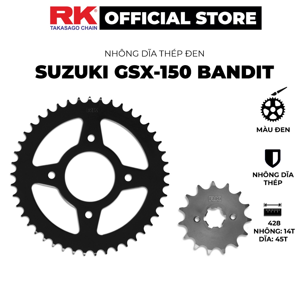 Nhông Dĩa RK Takasago chain cho xe máy GSX-150 Bandit, chất liệu: Thép mạ màu đen, độ dày Nhông Dĩa: 428