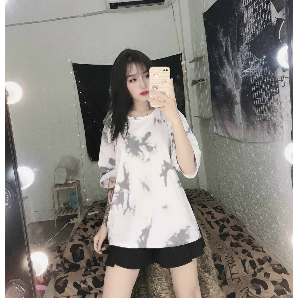 Áo thun nữ form rộng tay lỡ in màu loang xẻ cột lưng siêu sành điệu - AT3335