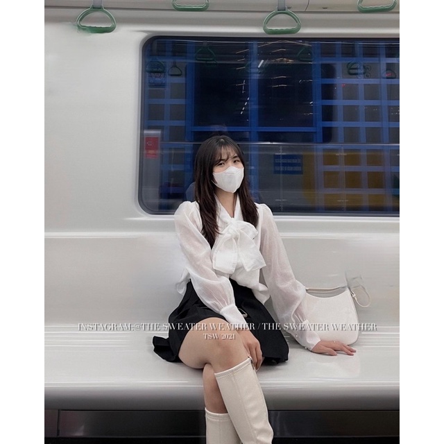 (Ảnh thật) Áo sơmi voan 2 lớp thắt nơ cúc ngọc the.sweaterweather TSW