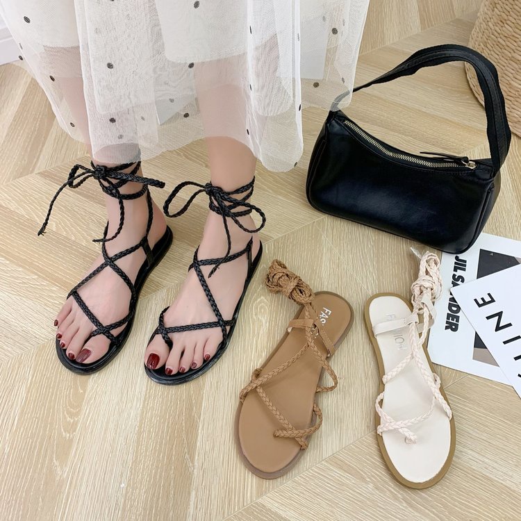 Fashionable Round Head Lace Up Open Toe Flat Sandals for Women