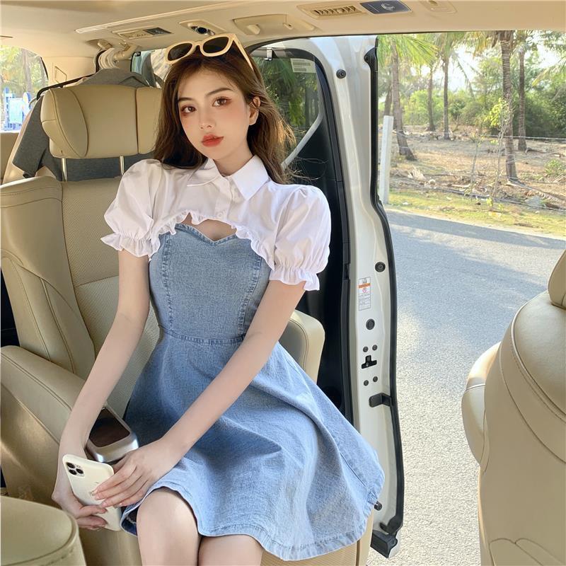 Set đầm denim + áo kiểu dáng ôm phong cách Pháp retro thời trang ngọt ngào cho nữ
