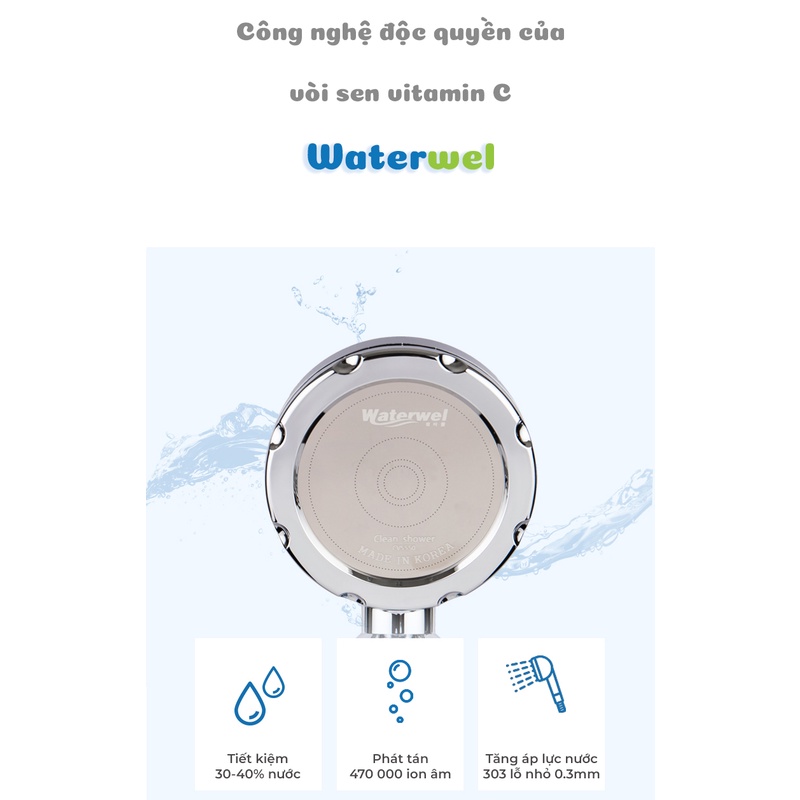 Vòi sen tăng áp lọc nước với Vitamin C Waterwel CVS550 Hàn Quốc - Loại bỏ tạp chất, rỉ sét, clo, đẹp da với hương Chanh