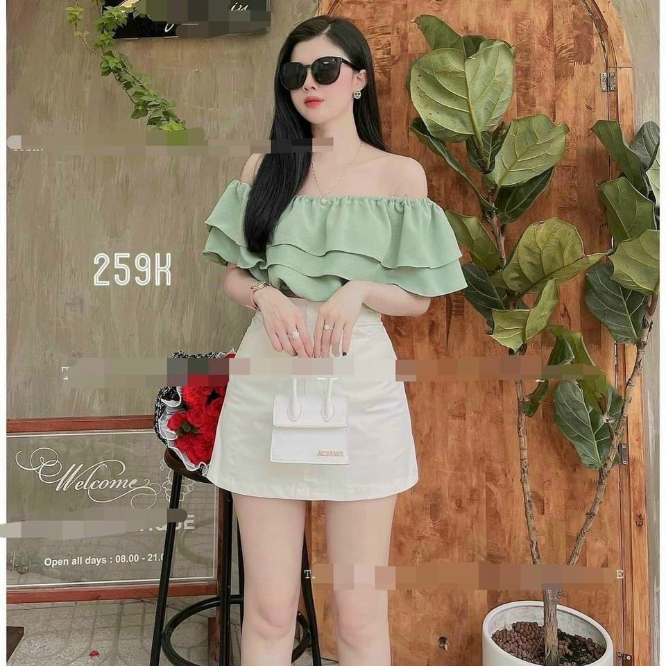 Set váy lụa áo trễ vai quần ngắn, set bộ hai món siêu xinh
