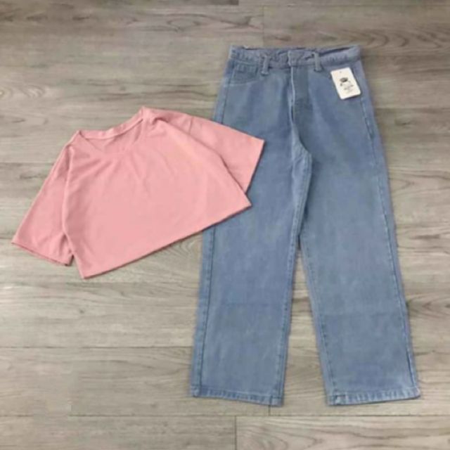 Set quần bò ống rộng kèm áo croptop tay lỡ TTPM136