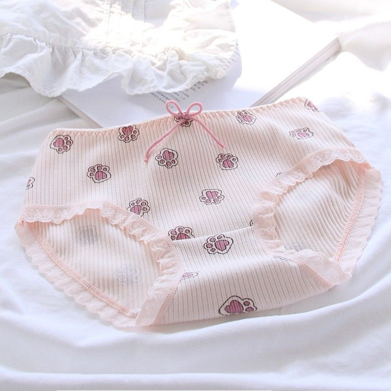 Quần Lót Nữ Cotton Viền Ren Phối Nơ Hoạ Tiết Chân Cún Nơ Hồng