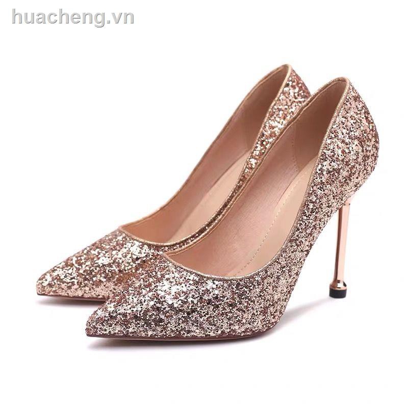 giày cao gót  giày đen♞﹉❃Wedding shoe female 2019 new pointed high heel with slipper bridesmaid bride silver sequin