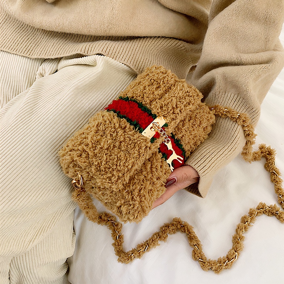 Túi len tự đan, túi đeo chéo len xù phối sọc đỏ thời trang sang trọng - Bộ phụ kiện đầy đủ LX206