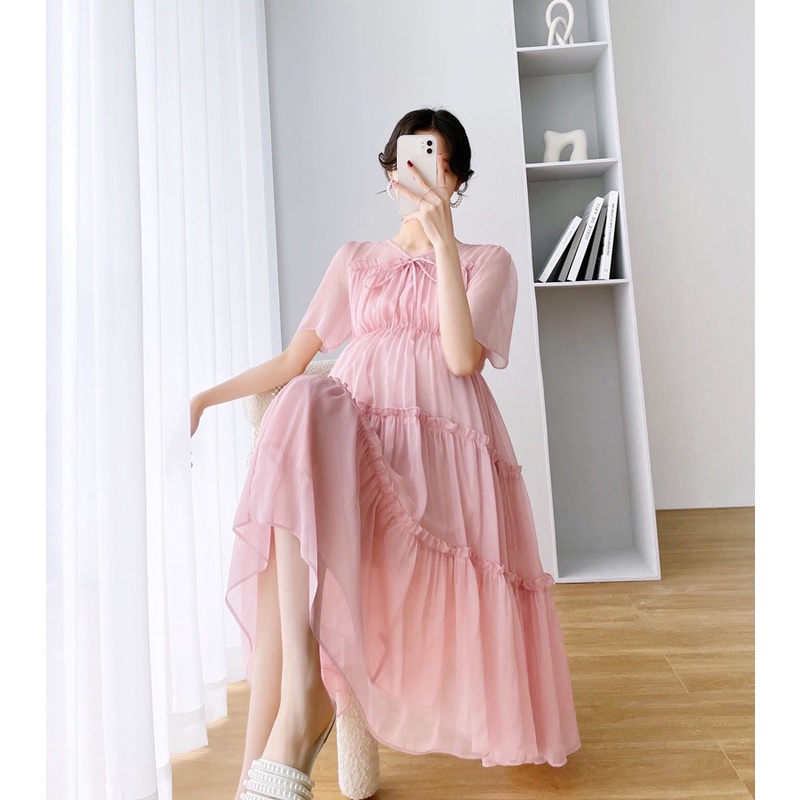 Đầm bầu dáng xòe bồng bềnh,váy bầu chất liệu voan lót lụa cao cấp thoáng mát, nhẹ tênh Tkutrang