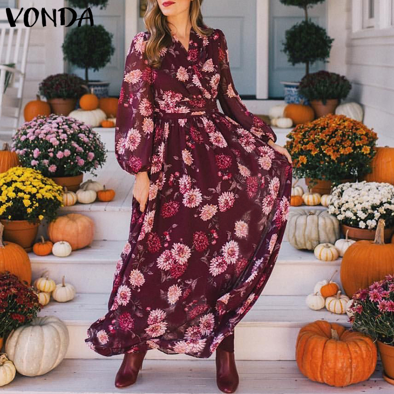 Đầm Nữ VONDA Dài Chữ A Rộng In Hoa Tay Dài Cổ V | BigBuy360 - bigbuy360.vn