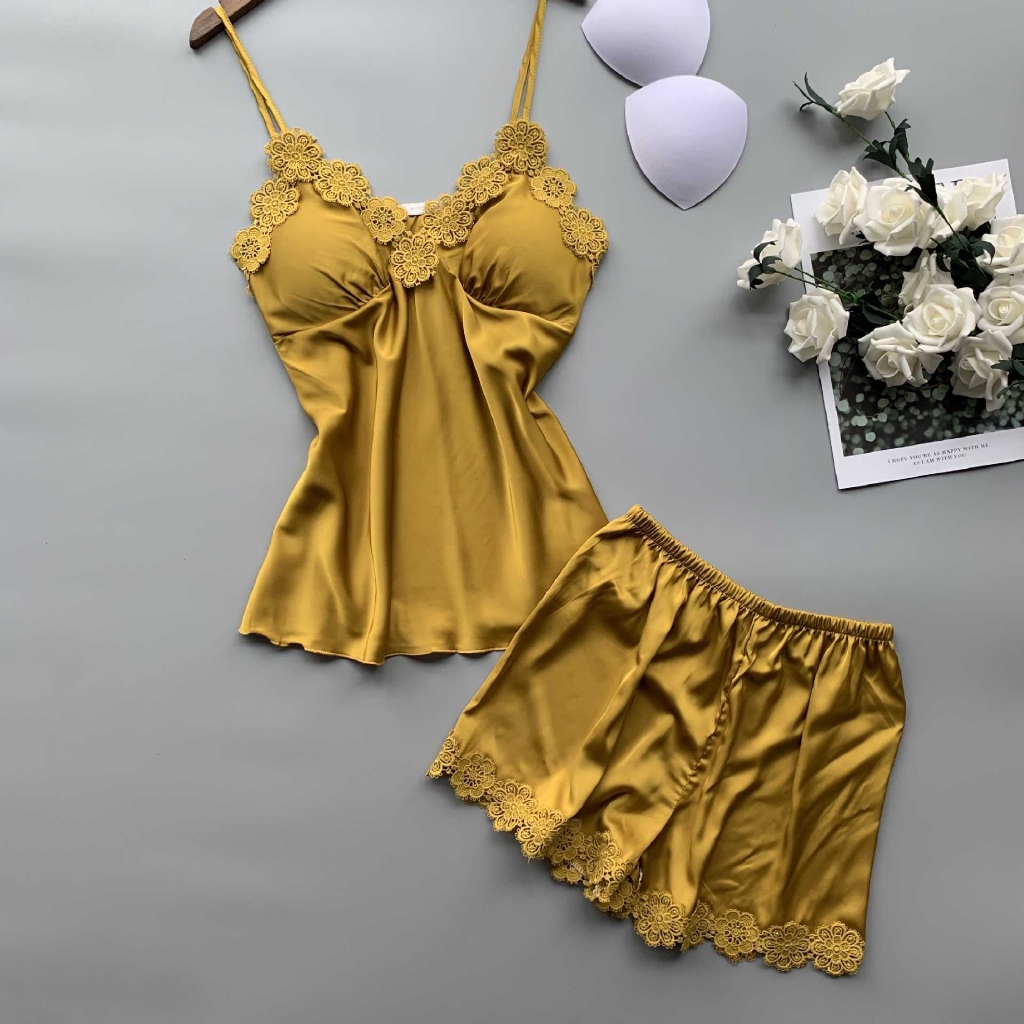 Set Đồ Ngủ Vải Lụa Viền Ren Quyến Rũ Dành Cho Nữ