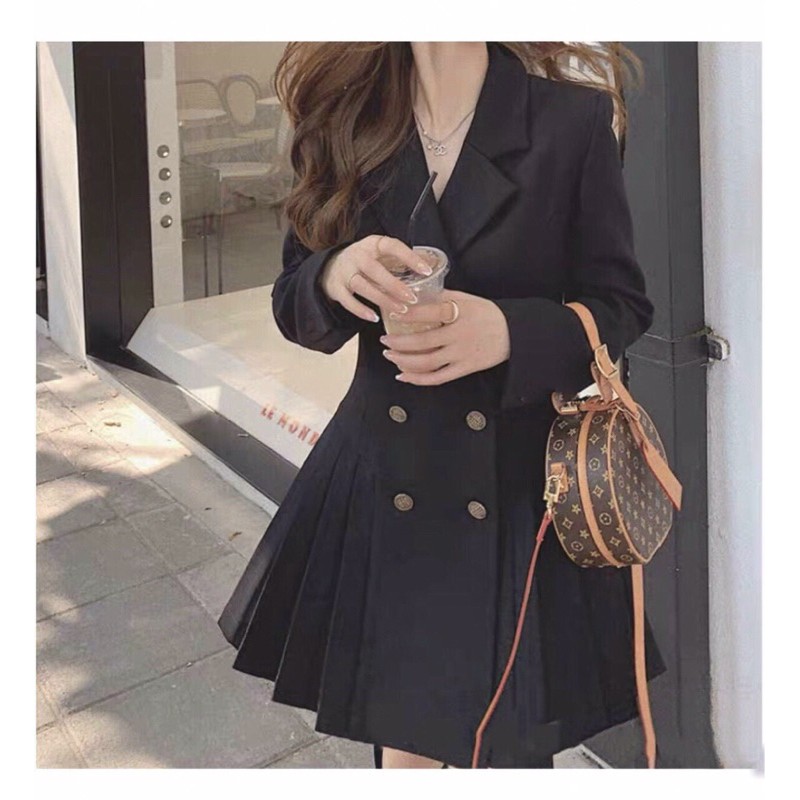 Đầm vest phối nút chân xếp li