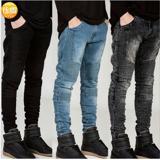 2024 New Quần jean Nam Đen/Xám/Xanh BIKER JEANS mỏng co giãn màu trơn ôm dáng thời trang thanh lịch cho nam High Street Tide thương hiệu quần jean nam xếp li thiết kế