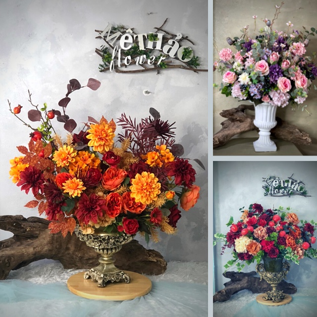 Ảnh shop chụp) Bình Hoa Giả Tone Đỏ Trang Trí Nhà Cửa, Decor Phòng Khách Chất Liệu Lụa Cao Cấp Mê Thảo Flower