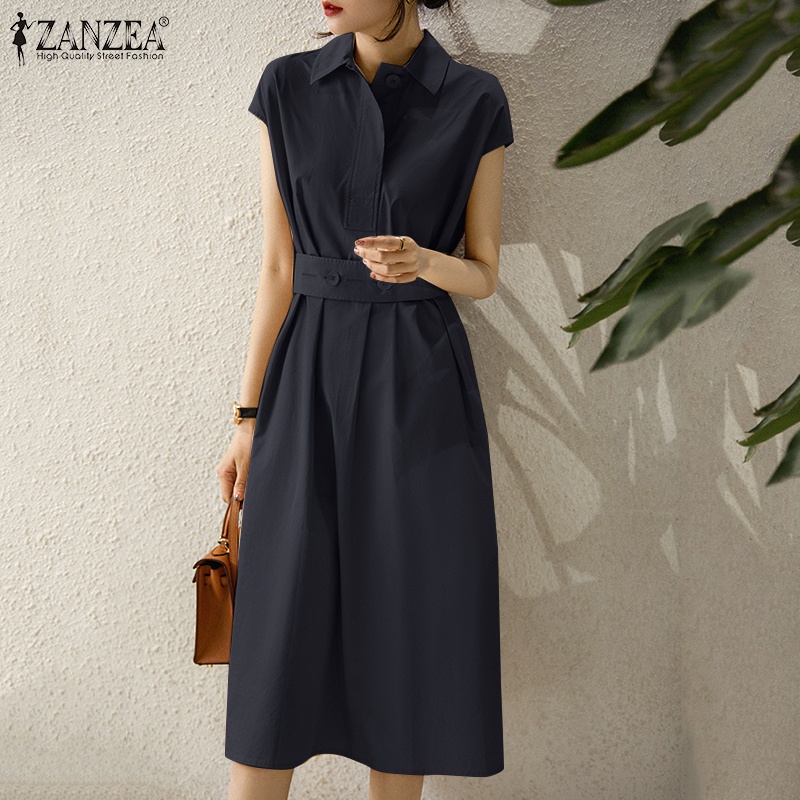 Đầm midi ZANZEA ngắn tay cổ bẻ phối thắt lưng có thể tháo rời thanh lịch thời trang cho nữ