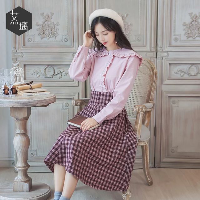 [ORDER+ẢNH THẬT] Set đầm/váy yếm xòe + áo sơ mi cổ bèo ulzzang vintage siêu xinh 😍