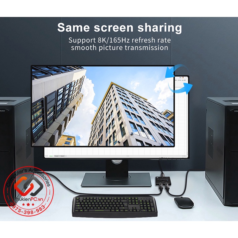 Switch Displayport 2 vào 1 ra 2 8K30hz 4K120hz 2K165hz 144hz. Sử dụng 2 máy tính chung 1 màn hình