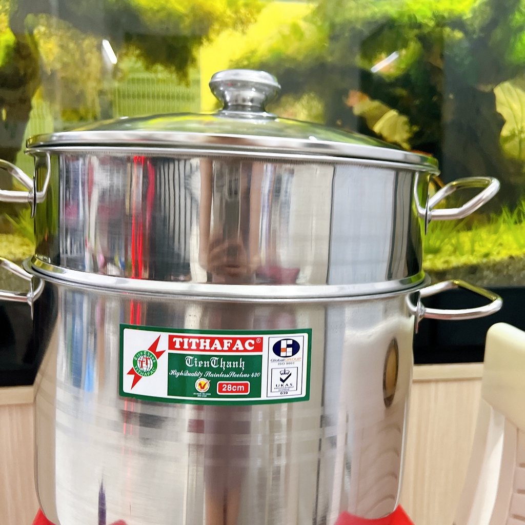 Nồi hấp inox 2 tầng nắp kiếng Tiến Thành dày dặn sử dụng được cả bếp ga và bếp từ tiện lợi sáng bóng
