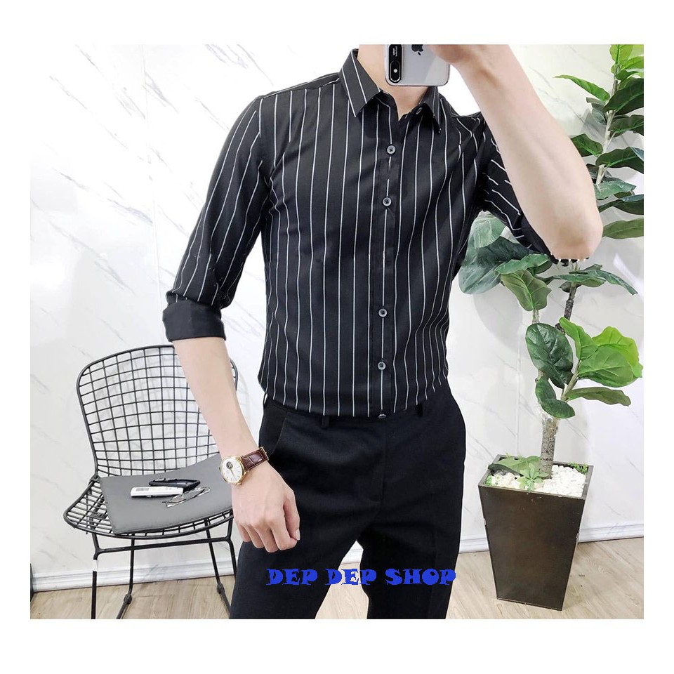 ÁO SƠ MI NAM KẺ SỌC NAM MÀU TRẮNG CAO CẤP MÀU ĐEN