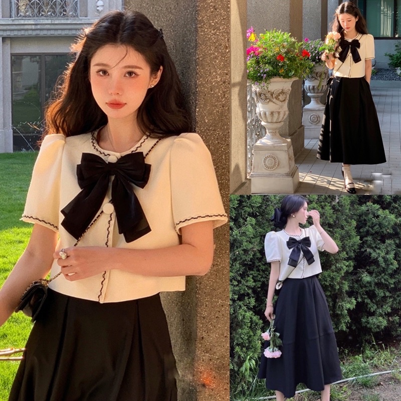 Set áo croptop cổ tròn viền zic zac áo 2 lớp chất dày,chân váy dài midi tặng kèm nơ cài