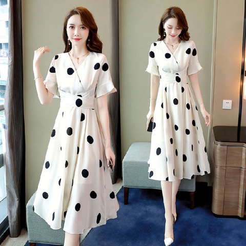 Đầm Tay Ngắn Cổ Chữ V Họa Tiết Chấm Bi Phong Cách Hàn Quốc Thời Trang Cho Nữ