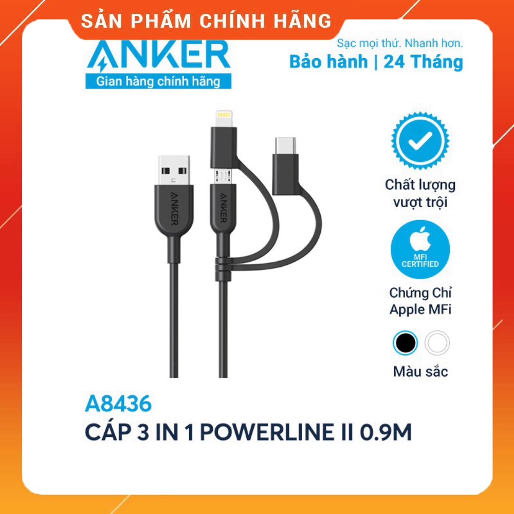 Cáp 3 in 1 ANKER Powerline II 0.9M - A8436 (Lightning - Type C - Micro USB)