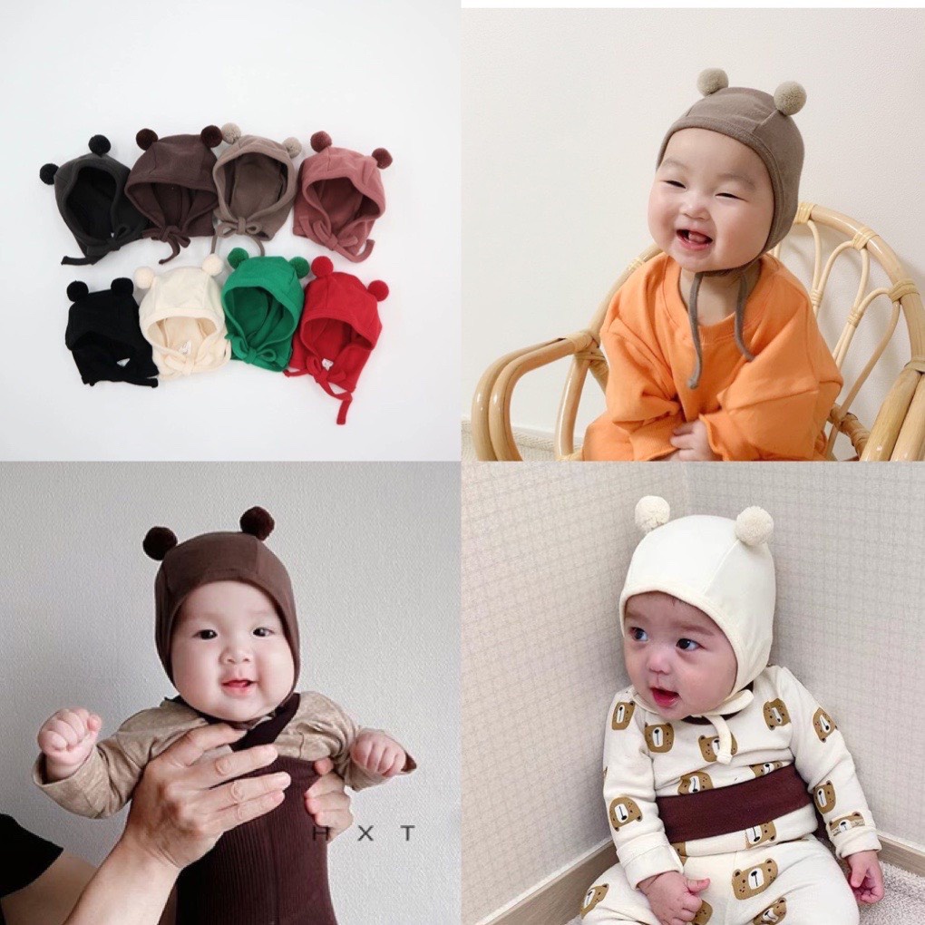 Mũ Nón Len Cotton Cục Bông, Tai Mèo Có Dây Buộc Cho Bé Trai Bé Gái Từ 0-2 Tuổi