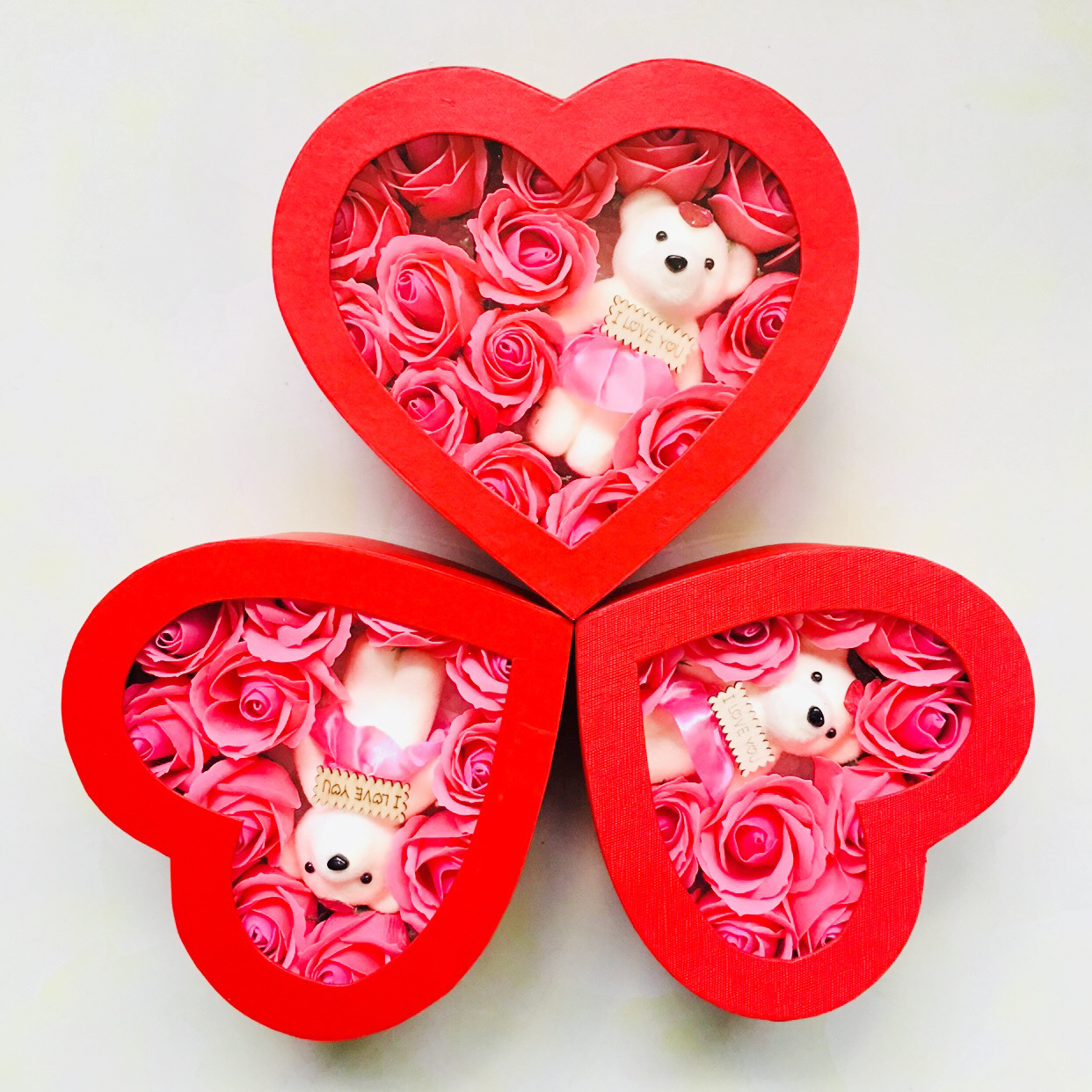 Hộp quà tặng người yêu hình trái tim, đính kèm gấu siêu Cool, hộp đỏ bông hồng sáp thơm dễ chịu