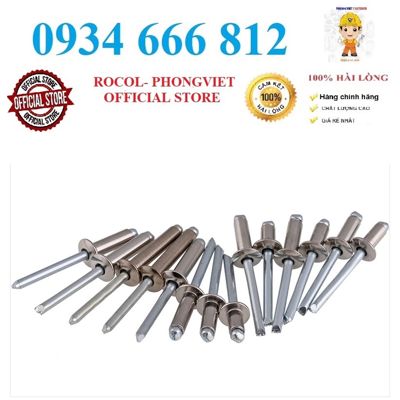 50c Đinh rút rive phần vỏ inox304 lõi thép 3.2x10, 3.2x12, 3.2x16