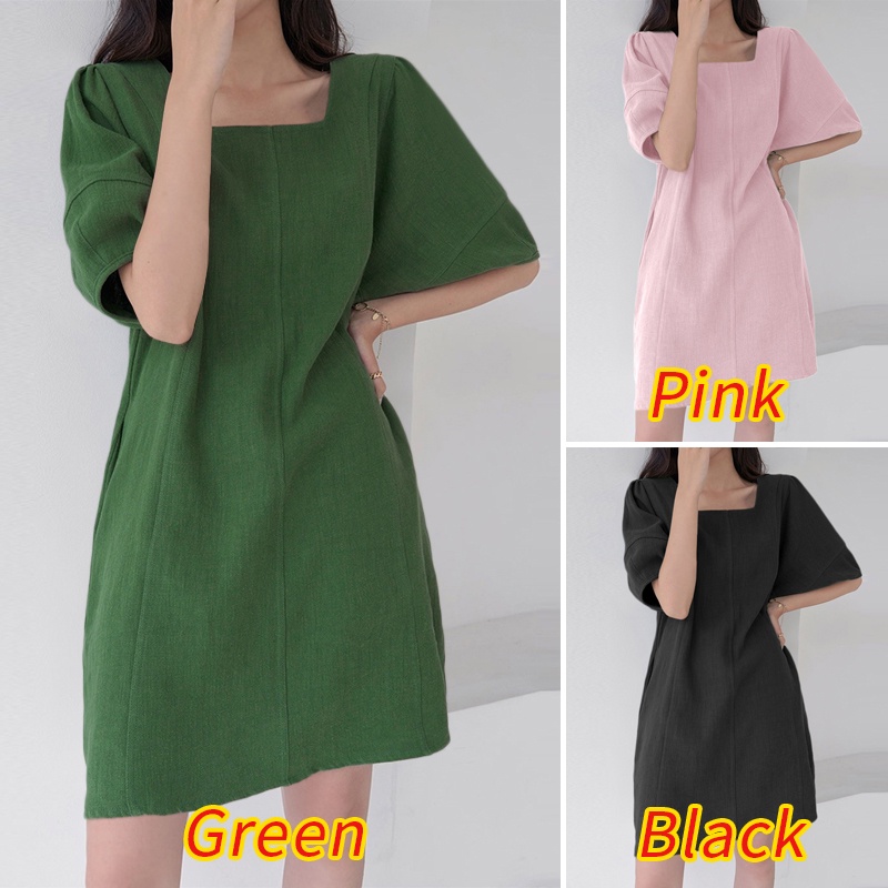 Đầm ZANZEA tay ngắn cổ vuông màu trơn phong cách Hàn Quốc cho nữ