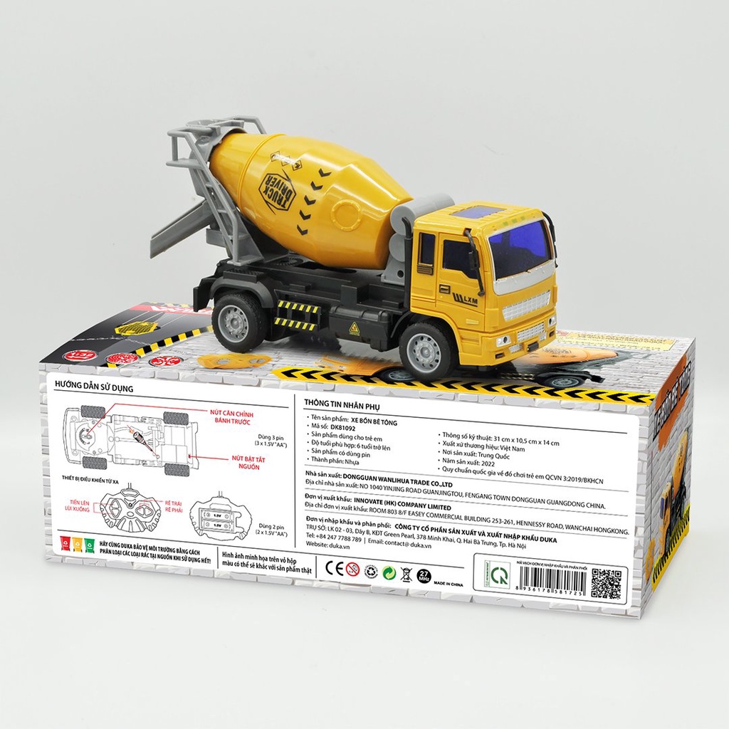 Đồ Chơi Duka: Xe Bồn Bê Tông - Điều Khiển Từ Xa DK 81092 + Máy Xúc Lật Gàu - Điều Khiển Từ Xa DK 81094